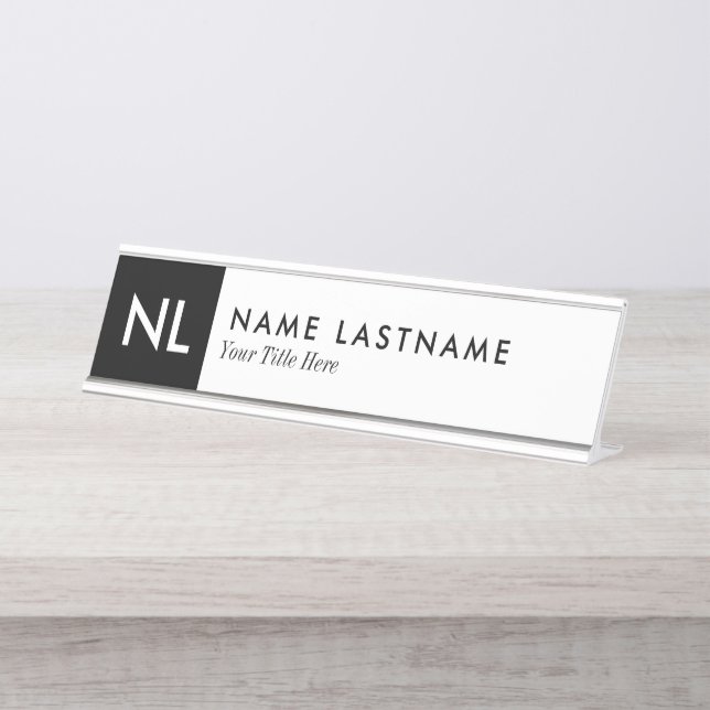 Elegant White Black Monogram Custom Desk Nameplate (Front)