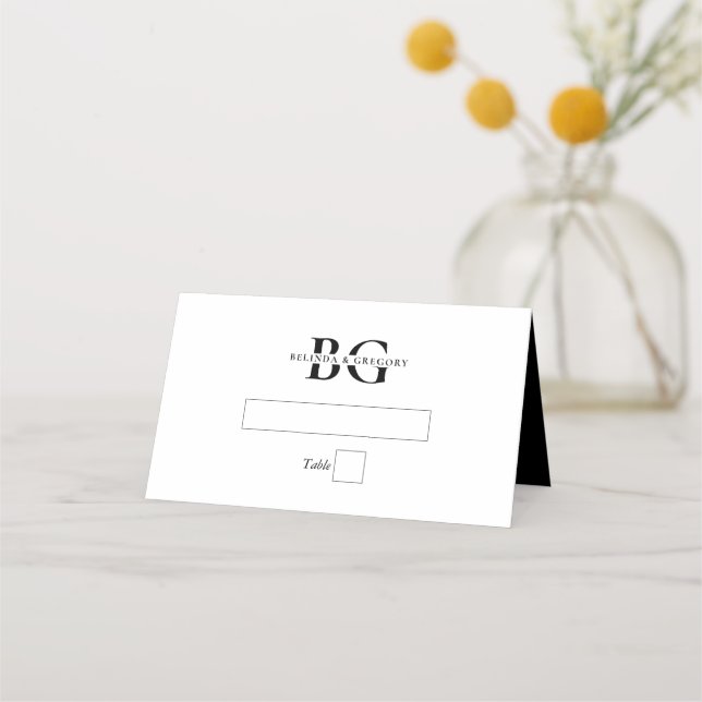 Elegant White & Black Monogram Initials Wedding Place Card (Front)