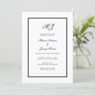 Elegant White Black Monogram Rehearsal Dinner Invitation