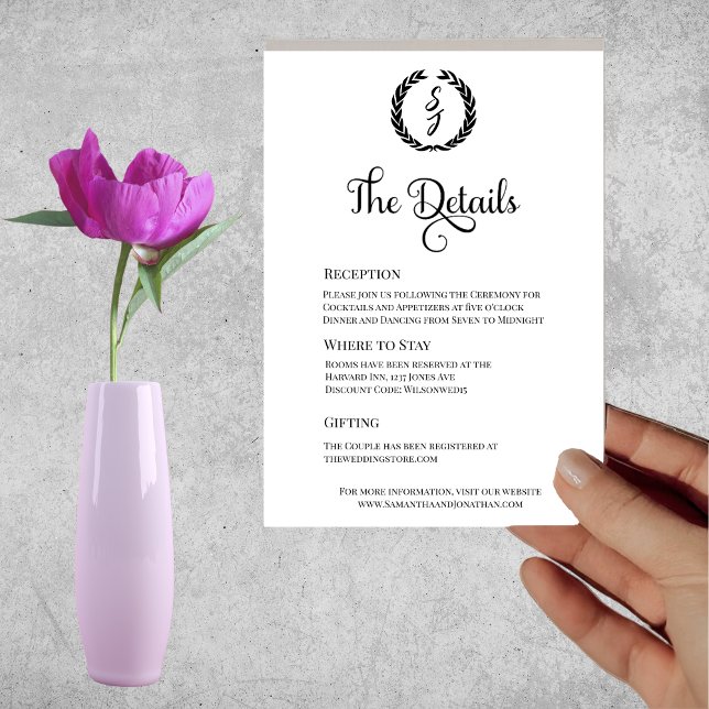 Elegant White Black Monogram Wreath Details Card  (Creator Uploaded)