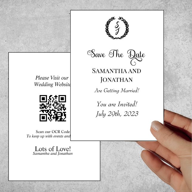 Elegant White Black Monogram Wreath Save the Date Invitation (Creator Uploaded)