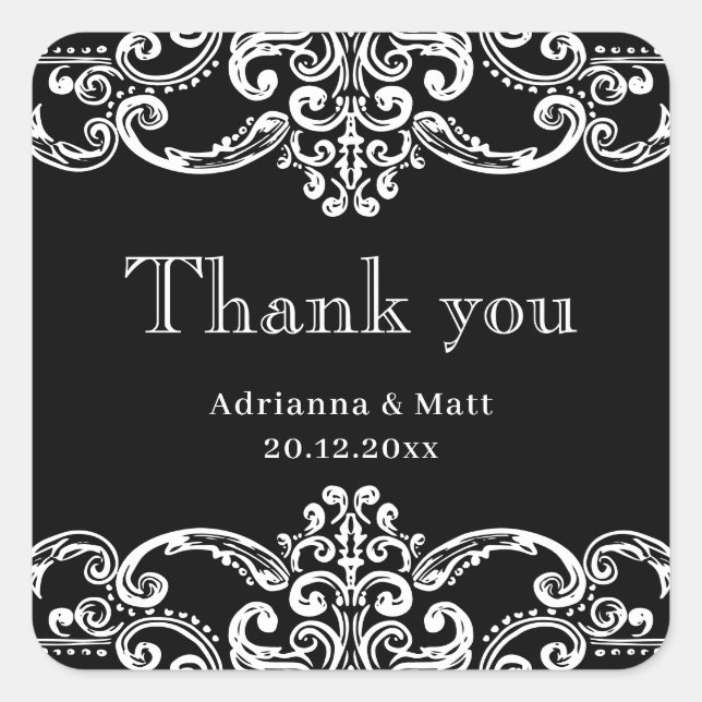 Elegant White Black Ornamental Wedding Frame  Square Sticker (Front)