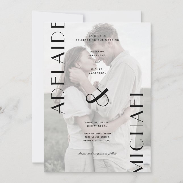 Elegant White Black Photo Wedding Invitation (Front)