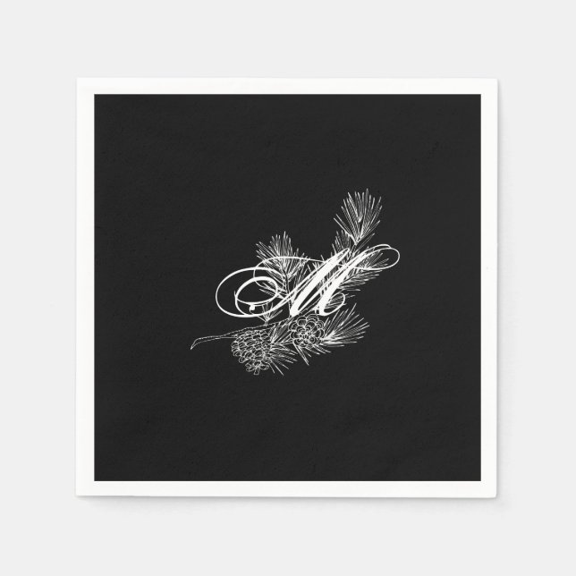 Elegant white black pine branch pine cone monogram napkin (Front)