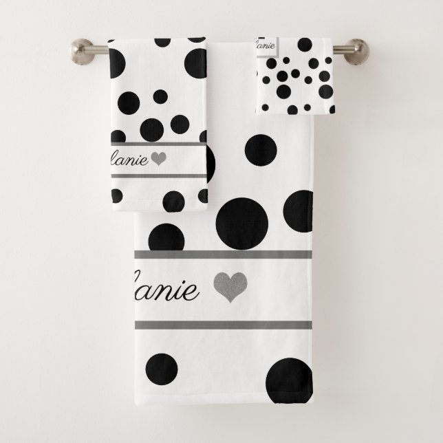 Elegant White, Black Polkadot Silver Heart Custom Bath Towel Set (Insitu)