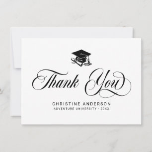 Elegant White Black Script Grad Cap Graduation Thank You Card