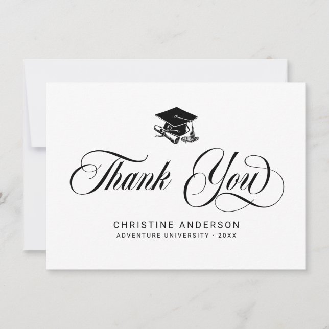 Elegant White Black Script Grad Cap Graduation Thank You Card (Front)