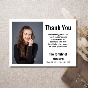 Elegant White Black Script Photo Funeral Sympathy Thank You Card