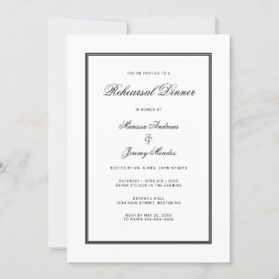 Elegant White Black Script Rehearsal Dinner Invitation