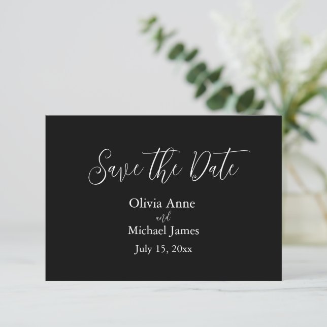 Elegant White & Black Script Save The Date (Standing Front)