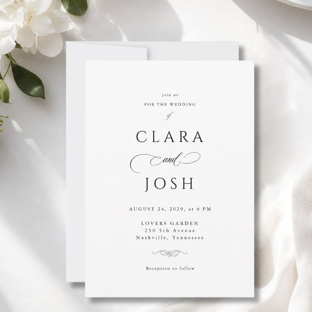 Elegant White Black Script Wedding Invitation (Elegant White Black Script Wedding Invitation)