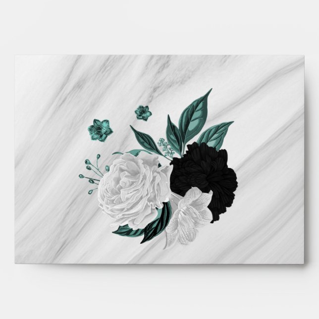 elegant white black & teal blue flowers wedding  envelope (Front)