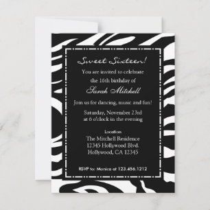 Elegant White & Black Zebra Sweet Sixteen Birthday Invitation