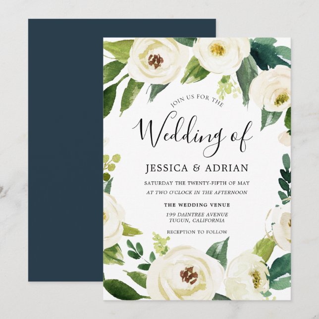 Elegant White Bloom Floral Wreath Wedding Invite (Front/Back)