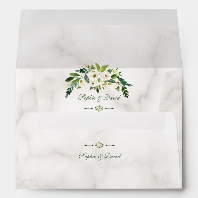 Elegant White Blooming Floral Marble Wedding Envelope (Back (Bottom))