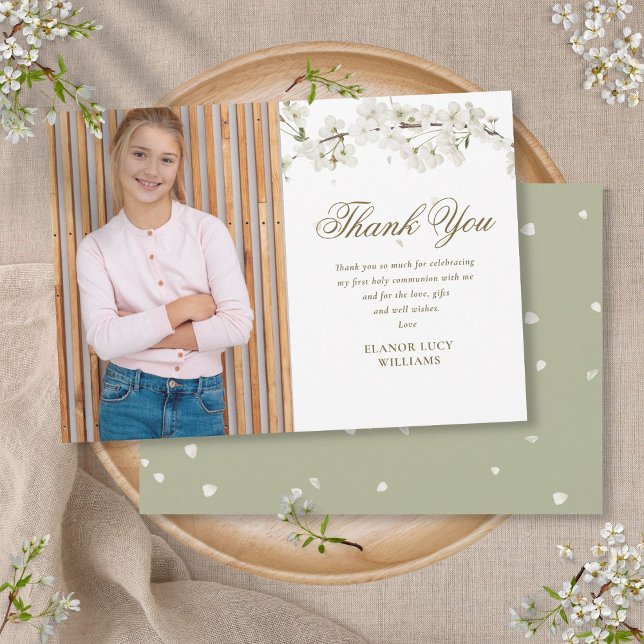 Elegant White Blossom First Holy Communion Photo Thank You Card (Creator Uploaded)