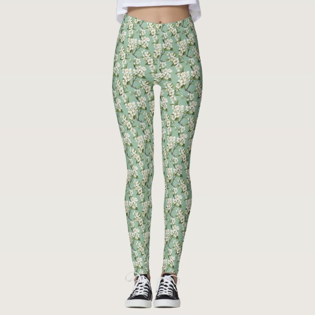 Elegant White Blossom Pattern on Pastel Sage Green Leggings (Front)