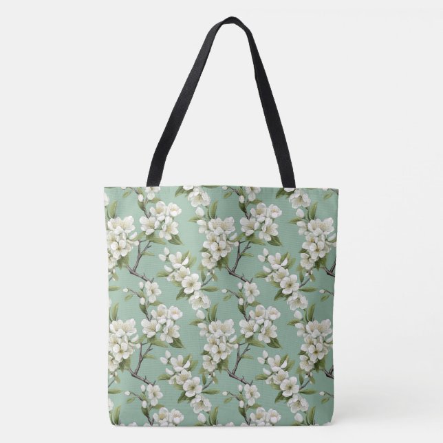 Elegant White Blossom Pattern on Sage Green Tote Bag (Front)