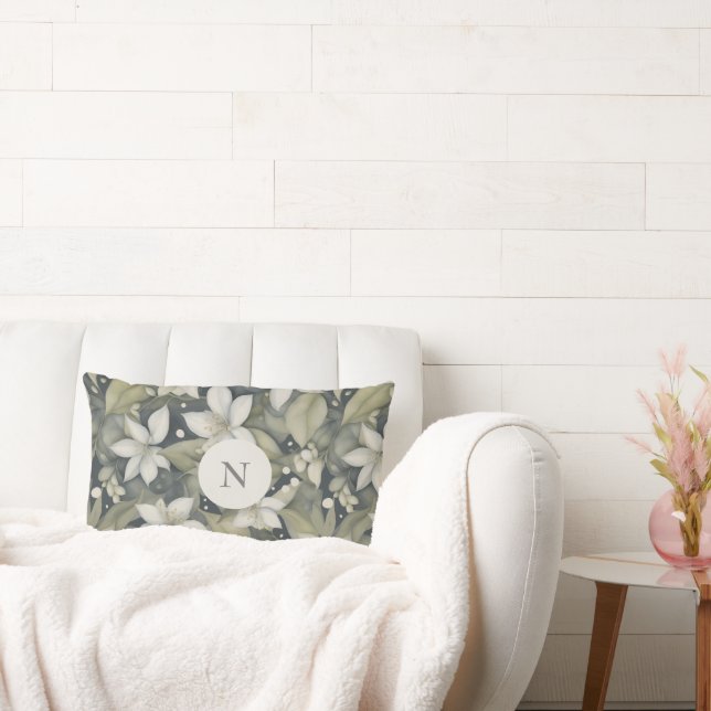 Elegant White Blossoms w Sage Leaves on Grey Lumbar Cushion (Couch)