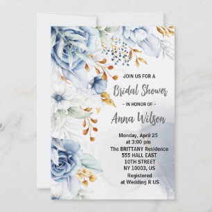 elegant white blue and gold floral bridal shower invitation