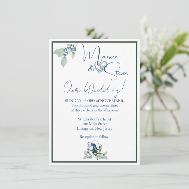 Elegant White, Blue, and Green Orchid Wedding  Invitation (Standing Front)