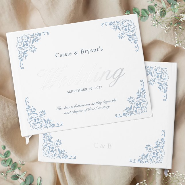 Elegant White & Blue Chic Formal Wedding Guest Book (formal coastal chic white and blue wedding guest book with silver foil script and unique message)