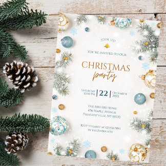 Elegant White & Blue Christmas Party Invitation