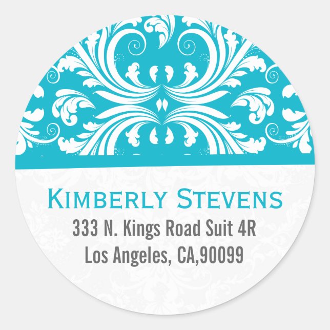 Elegant White & Blue Floral Damasks Classic Round Sticker (Front)