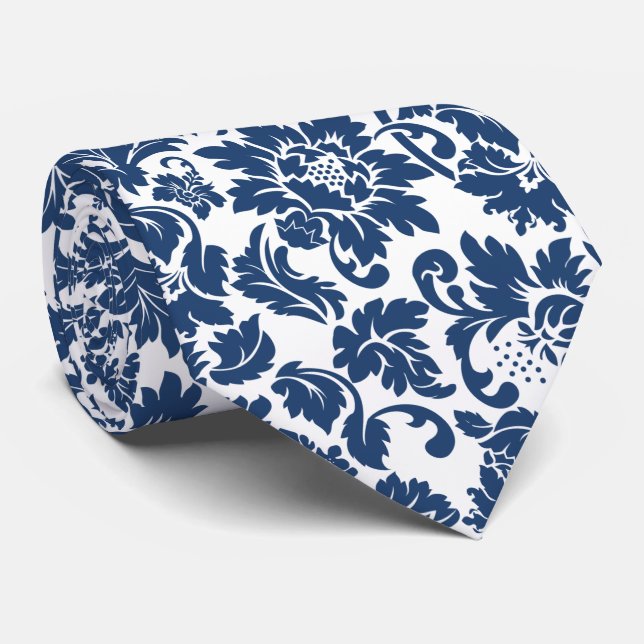 Elegant White & Blue Floral Damasks Tie (Rolled)