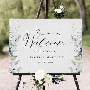 Elegant White Blue Floral Welcome Wedding Sign 