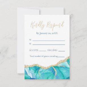 Elegant White Blue Gold Glitter Wedding RSVP Card