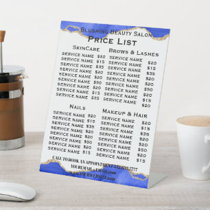 Elegant White Blue Gold Marble Salon Service Menu Pedestal Sign