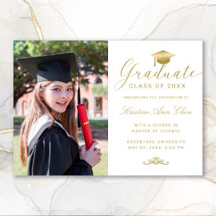 Elegant White Blue Gold Script Photo Graduation Announcement