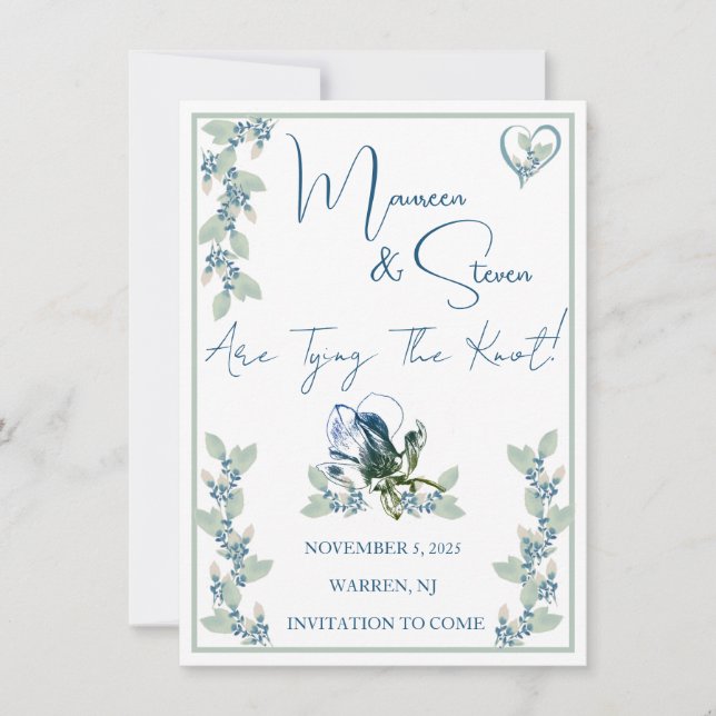 Elegant White, Blue, & Green Floral Save The Date  Invitation (Front)