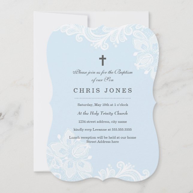Elegant White Blue Lace baptism Invitation (Front)