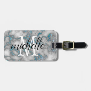 Elegant White Blue Marble    Monogram Custom  Luggage Tag
