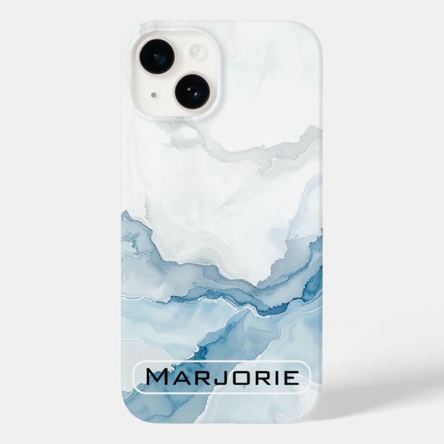 Elegant white & Blue marble Stylish costom Name Case-Mate iPhone Case (Back)