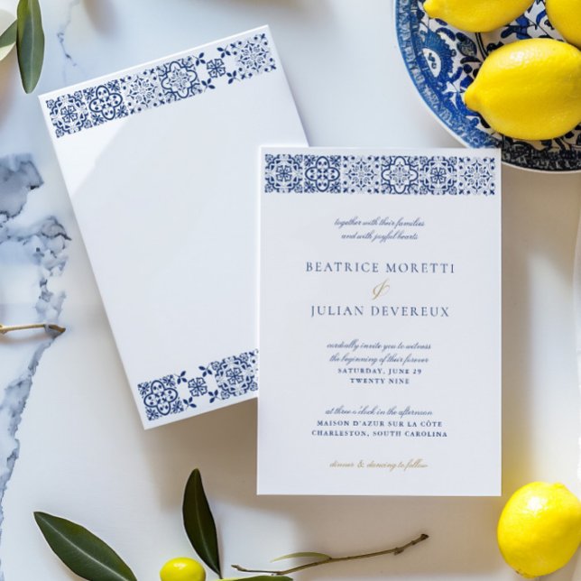 Elegant White & Blue Mediterranean Tile Wedding  Invitation (Elegant White & Blue Mediterranean Tile Wedding Invitation)