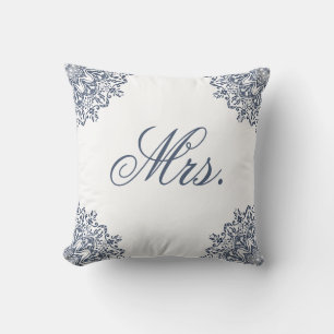 Elegant White Blue Mr. & Mrs. Matching His & Hers Cushion