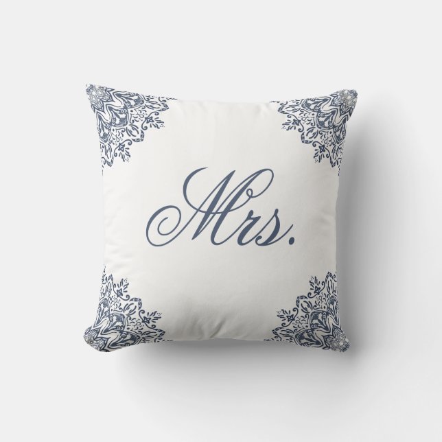 Elegant White Blue Mr. & Mrs. Matching His & Hers Cushion (Front)