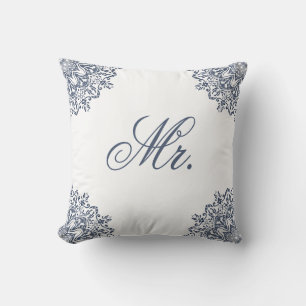 Elegant White Blue Mr. & Mrs. Matching His & Hers Cushion