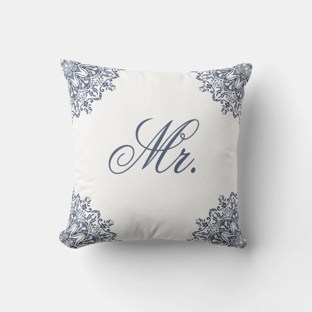 Elegant White Blue Mr. & Mrs. Matching His & Hers Cushion (Front)