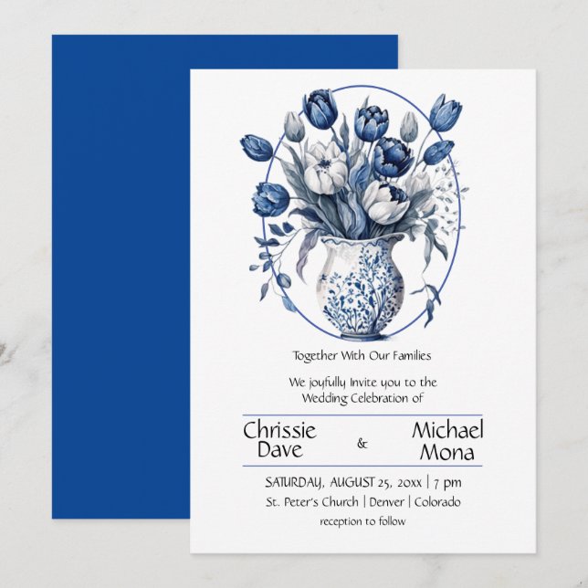 Elegant White & Blue Tulips in Vase Wedding Invitation (Front/Back)