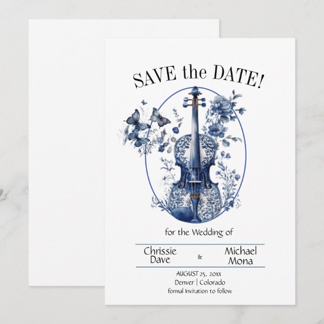 Elegant White & Blue Violin Wedding Save The Date (Front/Back)
