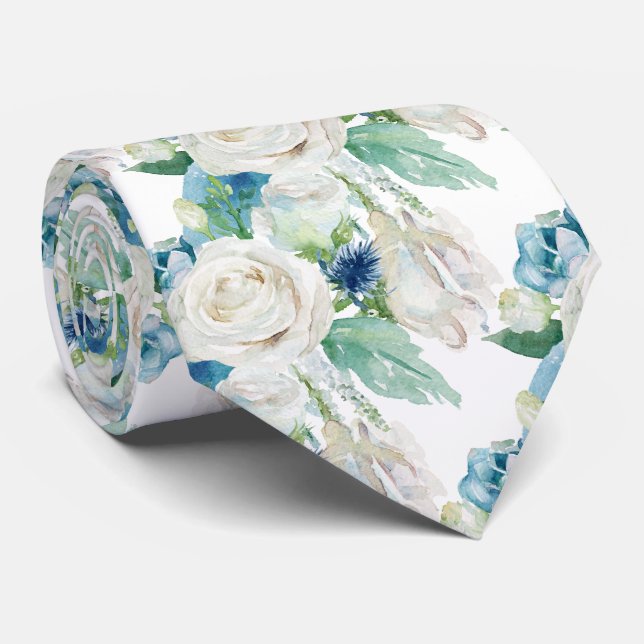 Elegant White Blue WInter Roses Neck Tie (Rolled)