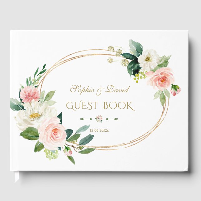 Elegant White Blush Floral Gold Frame Wedding Guest Book (Front)