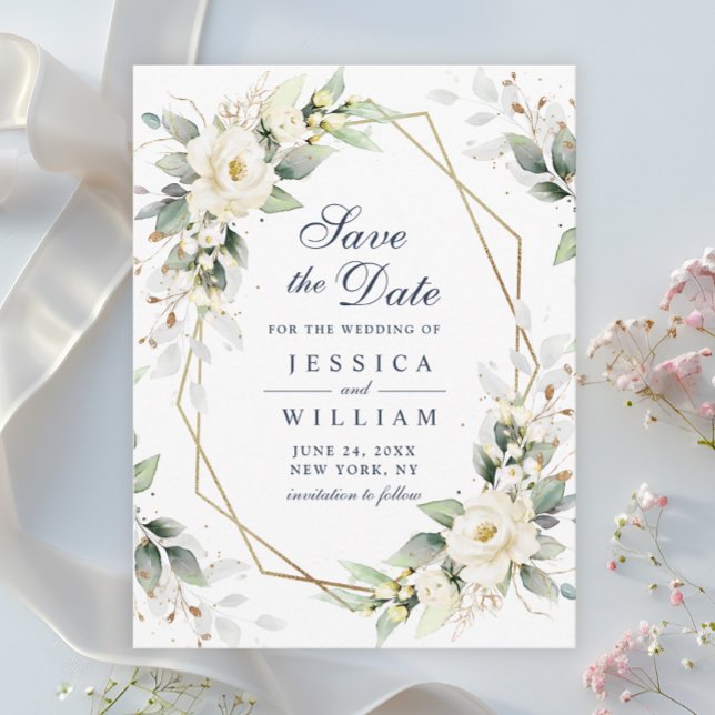 Elegant White Blush Greenery Wedding Save the Date Postcard (Creator Uploaded)