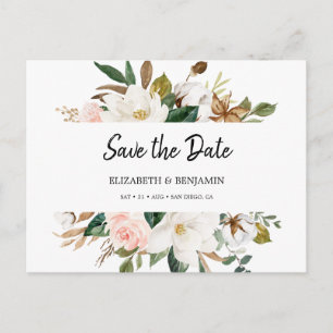 Elegant White Blush Magnolia Floral Save The Date Postcard