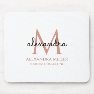 Elegant White Blush Pink Black Monogram Name Mouse Mat
