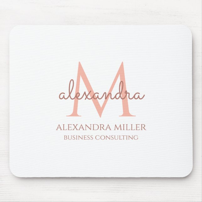 Elegant White Blush Pink Modern Monogram Name Mouse Mat (Front)